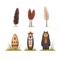 Colorful totem art with leaves and animal designs in a whimsical forest setting. png