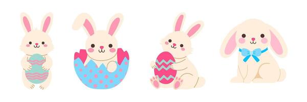 A set of four cartoon rabbits holding eggs. The first rabbit is holding an egg in its mouth, the second is holding an egg in its paws, the third is holding an egg in its mouth vector