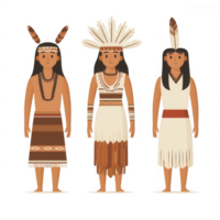 Illustration of three indigenous characters in traditional attire with unique accessories. png