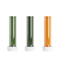 Three colorful laboratory test tubes arranged on a white background. png