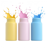 Three colorful jars with splashes of paint in yellow, pink, and blue on a white background. png