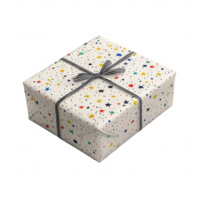 A beautifully wrapped gift box with colorful star patterns and a festive ribbon. png