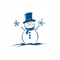 A cheerful snowman with a blue hat and scarf, surrounded by snowflakes, evokes winter joy. png