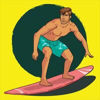 a man is riding a surfboard on a yellow background vector