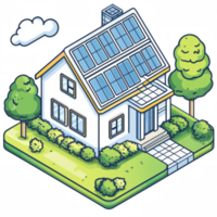 A modern house with solar panels surrounded by greenery and a clear blue sky. png