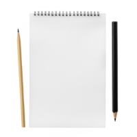 Blank notepad placed on a table with pencils ready for creative ideas or sketches. png