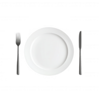 Minimalist table setting with a white plate, fork, and knife on a dark background. png