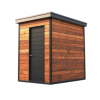 Modern wooden shed with a sleek black door, perfect for storage or workspace. png