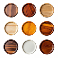 Nine unique wooden coasters displayed in a grid, showcasing varied textures and colors. png