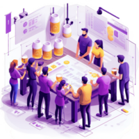 Group of professionals collaborating at a brewery design meeting with data and drinks. png