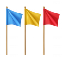 Three colorful flags waving gently in the breeze representing different ideas. png