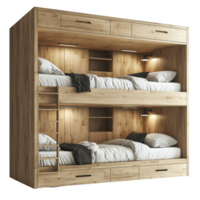 Stylish wooden bunk bed with storage for modern living spaces. png