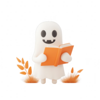 A cheerful ghost character reading a book amidst autumn leaves and soft grass. png
