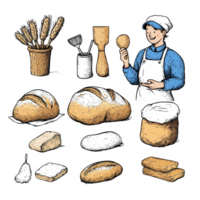 A cheerful baker displaying various types of freshly baked bread and tools. png