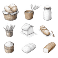 A collection of bread, wheat, and baking essentials in a rustic style. png