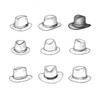 A collection of stylish hats in various designs and orientations on a clean background. png