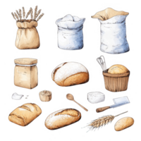 A collection of various bread types and baking ingredients for culinary projects. png