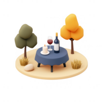 A serene outdoor dining setting with wine, candle, and autumn trees. png