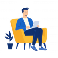 A man enjoys reading on a comfortable yellow chair in a cozy indoor setting. png