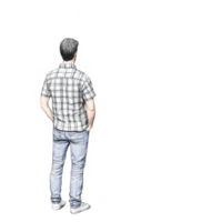A man standing with his back turned, observing a distant scene in a casual outfit. png