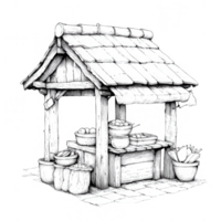 A rustic market stall filled with pots and produce in a serene setting. png