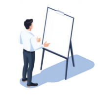 A professional man prepares a presentation on a blank easel in a modern office setting. png