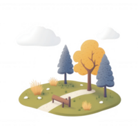 A serene landscape featuring trees and a winding path under fluffy clouds. png