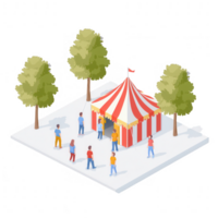 A vibrant carnival scene with a striped tent and cheerful people enjoying the festivities. png