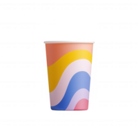 Colorful paper cup with vibrant wave patterns on a soft background. png