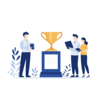 Group celebrating achievement with trophy and documents, representing success and teamwork. png