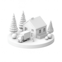 Minimalistic house with a delivery truck surrounded by trees in a serene environment. png