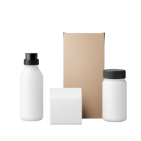 Minimalistic packaging design featuring white bottles and a cube box. png