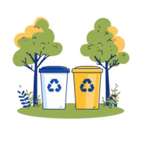 Two recycling bins surrounded by vibrant trees and plants in a clean environment. png