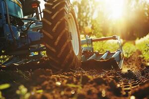 Tractor plowing field at sunrise, capturing the essence of modern farming photo
