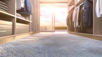 Modern walk-in closet with cozy carpet and sunlit ambiance photo