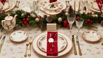 Festive christmas table setting with elegant holiday decor and red accents photo