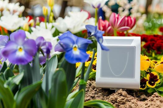 Smart garden temperature and humidity sensor among bright spring flowers photo