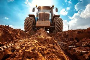 Powerful tractor on a sunny day plowing agricultural field with precision photo