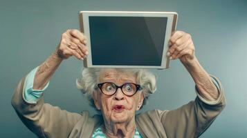 Elderly woman holding tablet expressively with surprise and humor photo