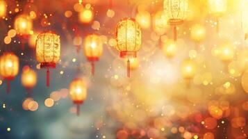Glowing chinese lanterns at night, festive celebration and warm atmosphere photo