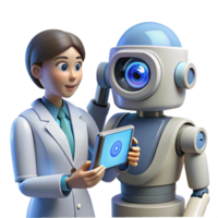 AI Collaboration Scientist and Robot Analyzing Data on Tablet png