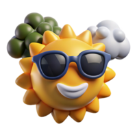 Smiling Sun with Sunglasses, Clouds, and Trees Summer Fun 3D Render png
