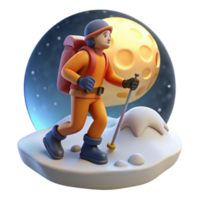 Night Hike 3D Render of Climber Ascending Snowy Mountain under Moonlit Sky png