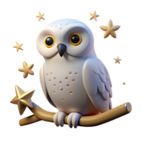 3D Render of a Snowy Owl on a Branch with Stars png
