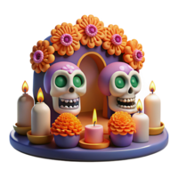 Day of the Dead Altar 3D Render of Calaveras, Flowers, and Candles png