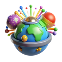 Colorful 3D Planet with Orbiting Objects png