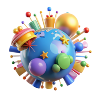 Whimsical 3D Render of Colorful Planet with Festive Elements png