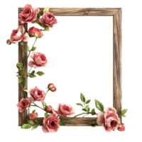 Rustic Wooden Frame with Blooming Flowers on Transparent Background png