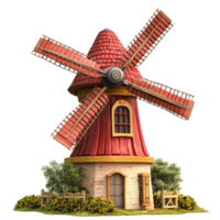 A Serene Windmill on a Hill with Trees and a House - On Transparent Background png
