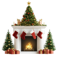 Christmas fireplace with stockings and presents on transparent background png